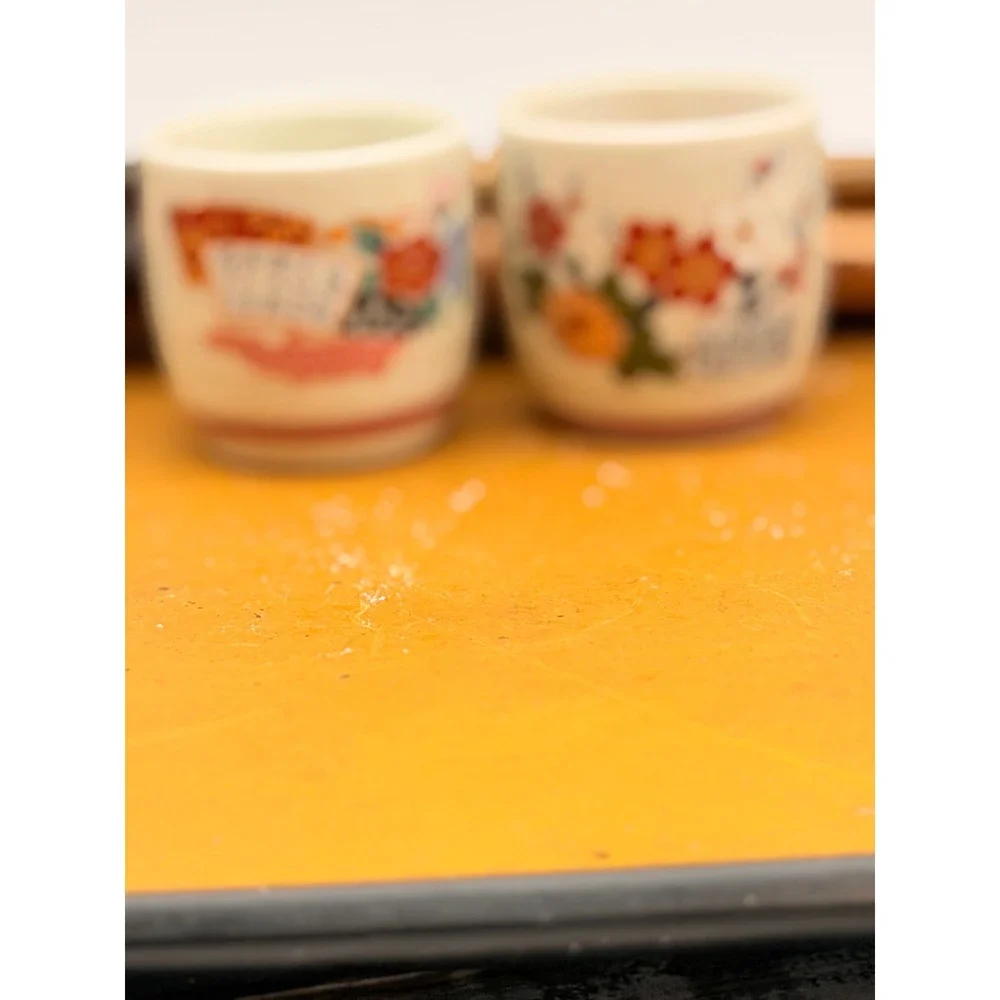 Vintage Japanese Sake Cup Set 2 Ceramic Floral Calligraphy Ochoko Made in Japan